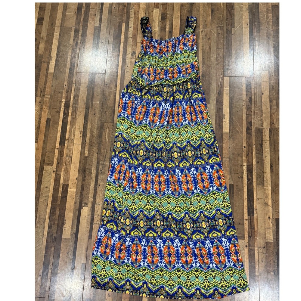 WinWin Pleated Maxi Dress Womens S-M Blue Multi Excellent Sleeveless Smocked